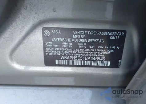 2011 BMW 328I z USA, uszkodzony, nr VIN WBAPH5C51BA446549